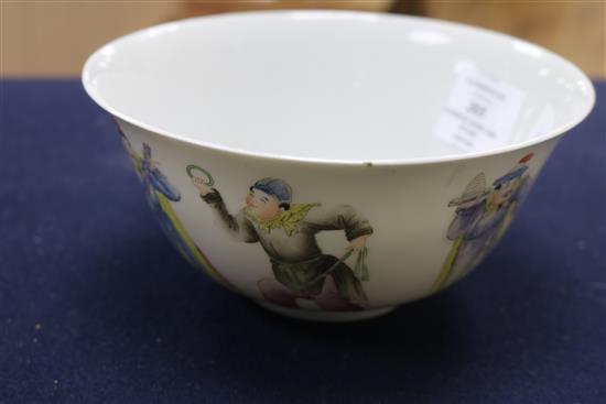 A Chinese famille rose bowl, Qianlong mark but early 20th century diameter 17.5cm, wood stand